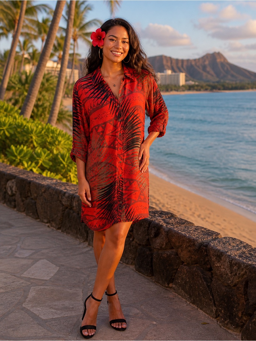 Tanoa Red Tribal-Print Button-Front Dress